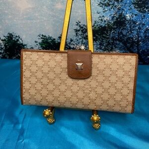 Celine Brown and Tan Macadam Long Wallet with Kiss Lock